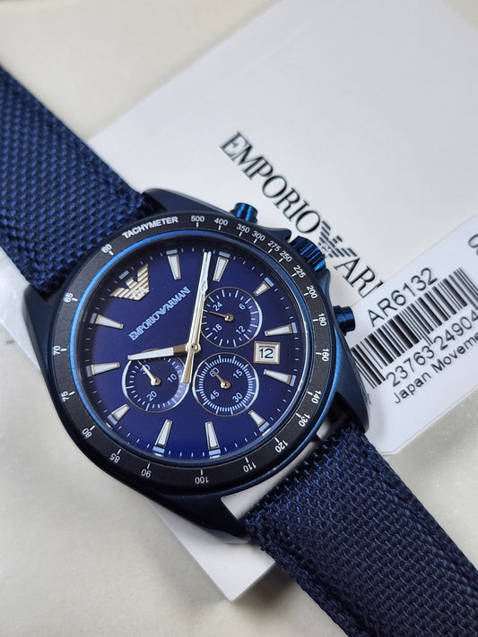 Emporio Armani AR6132 chronograph watch with blue dial and blue fabric belt