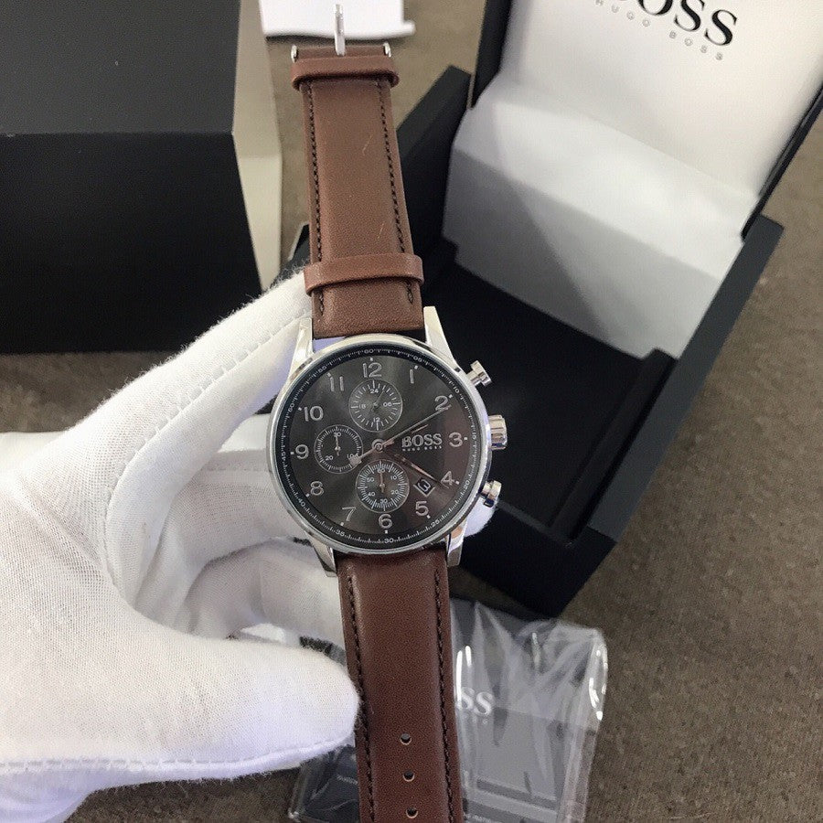 Hugo Boss Men’s Quartz Brown Leather Strap Black Dial 44mm Watch 1513494