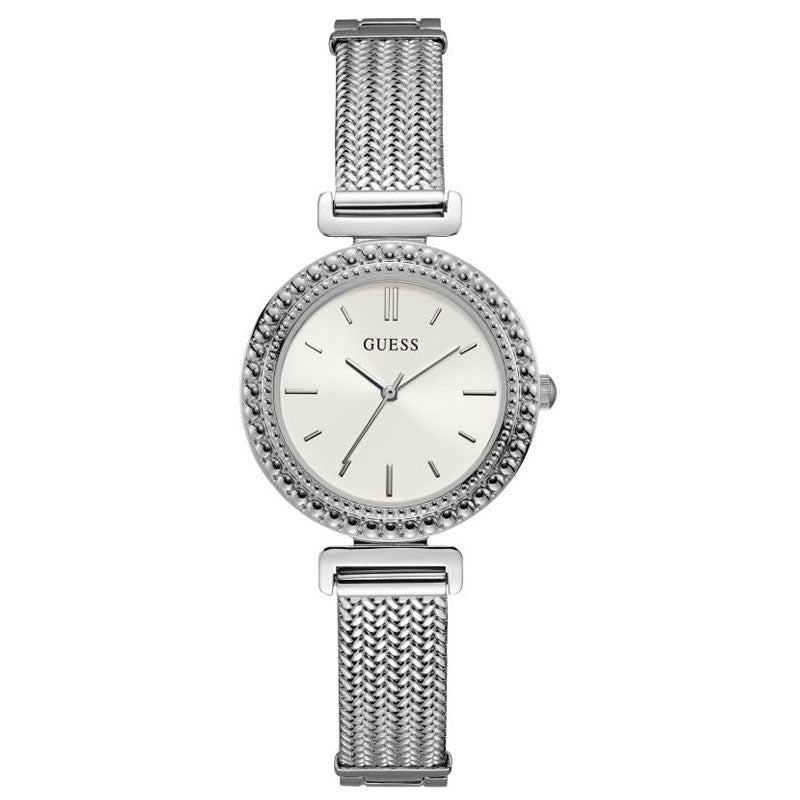 GUESS Ladies silver watch with white dial and mesh bracelet W1152L1