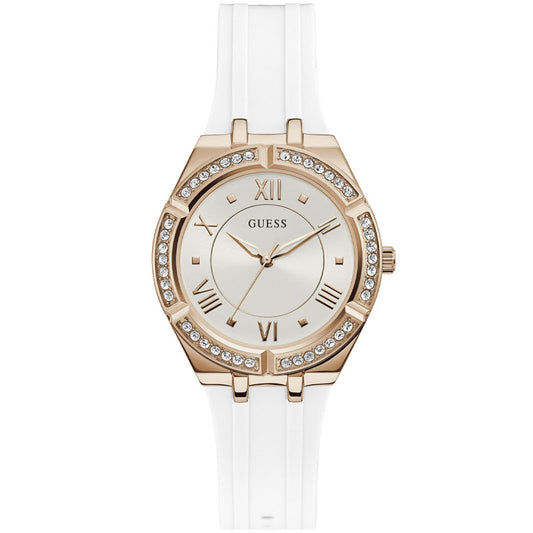 GUESS Ladies White Rose Gold Tone Analog Watch GW0034L2