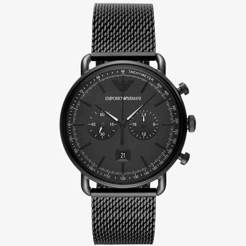 AR11264 EMPORIO ARMANI 43mm Aviator Black Mesh Bracelet Black Dial Chronograph Quartz Watch for Gents