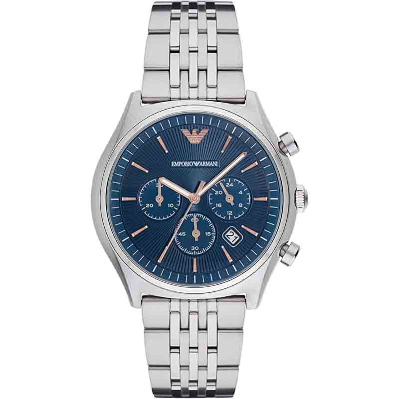 AR1974 Emporio Armani chronograph watch with blue dial and silver chain 43mm