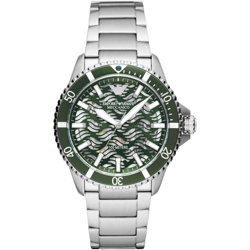 AR 60061 mechanical automatic watch with green dial and silver chain 43 mm