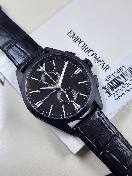 Emporio Armani AR11481 with black dial and black leather belt