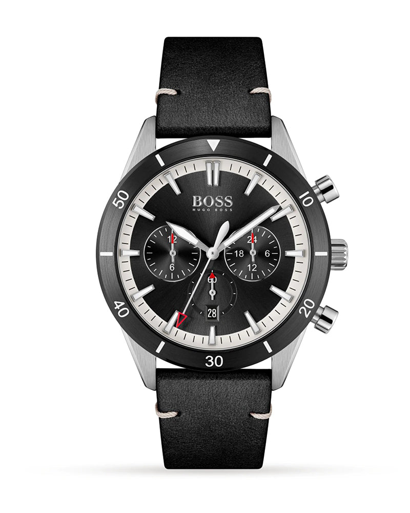 HUGO BOSS Santiago Black Leather Strap Black Dial Chronograph 44mm Quartz Watch for Gents - 1513864