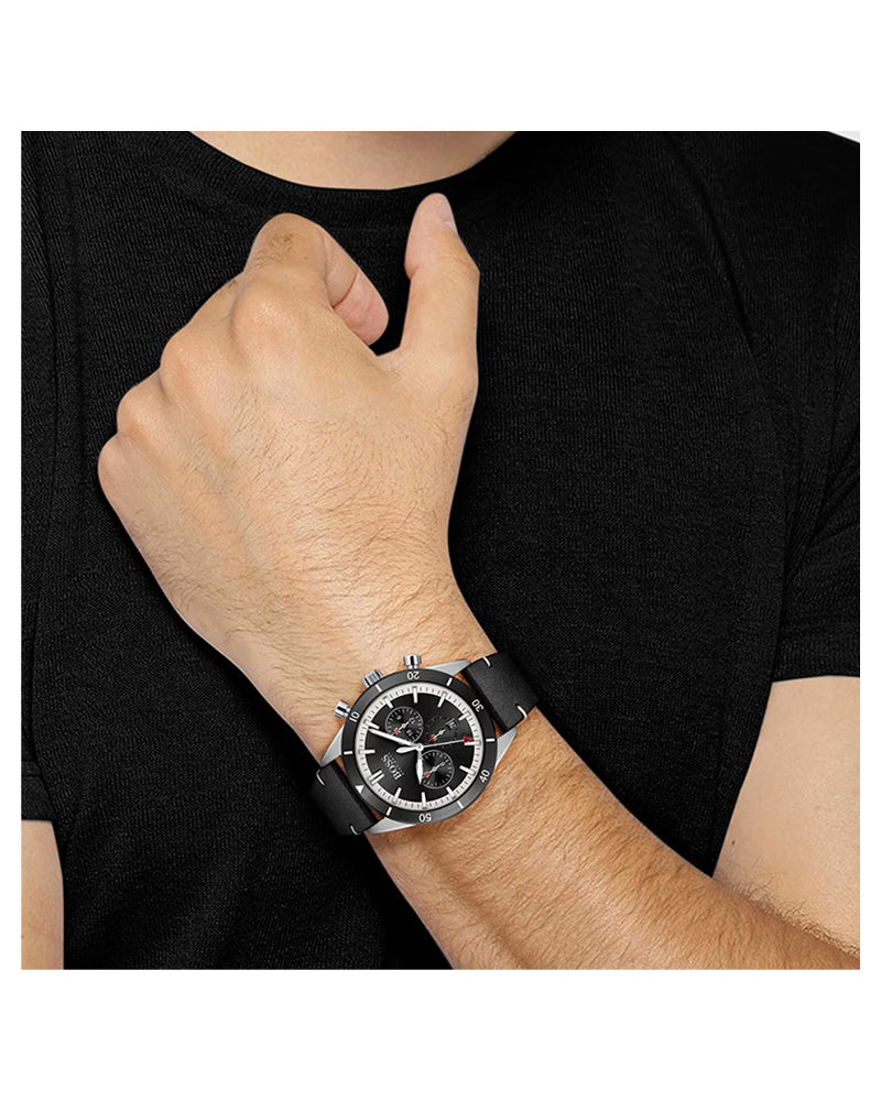 HUGO BOSS Santiago Black Leather Strap Black Dial Chronograph 44mm Quartz Watch for Gents - 1513864