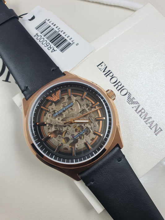 AR60004 Emporio Amani Man Automatic Brown Leather Belt Rose Gold Skeleton Dial 43MM Watch