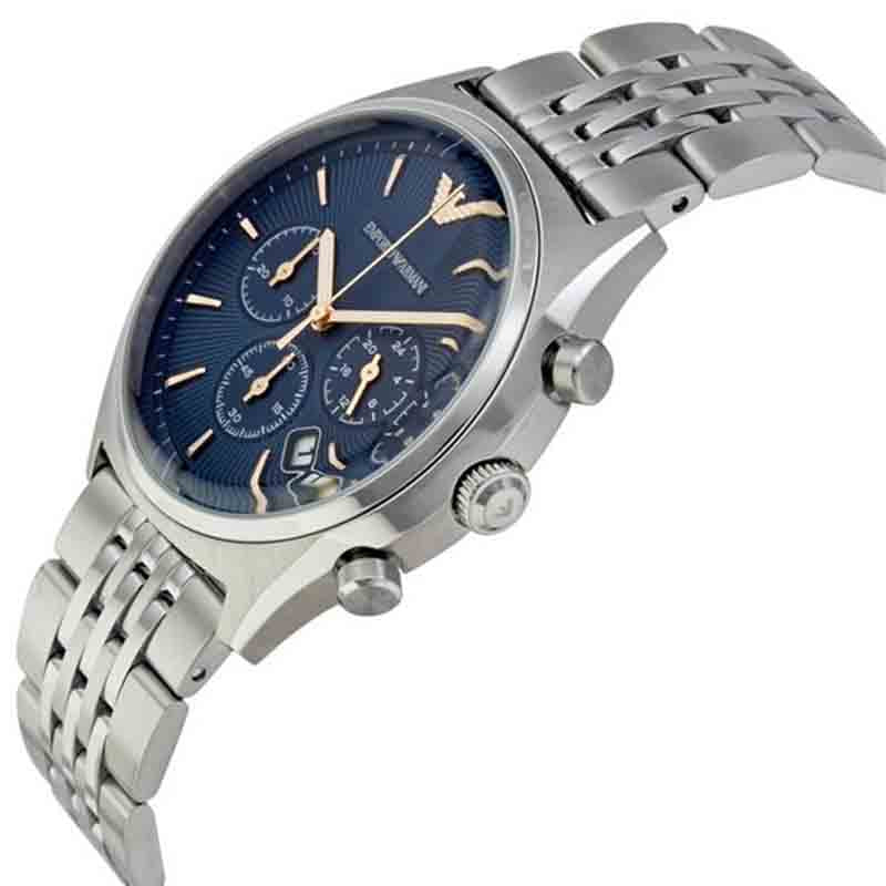 AR1974 Emporio Armani chronograph watch with blue dial and silver chain 43mm