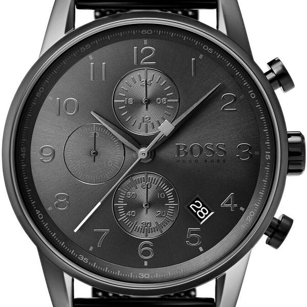 Hugo Boss Men’s Quartz Lather Strap Black Dial 44mm Watch 1513497