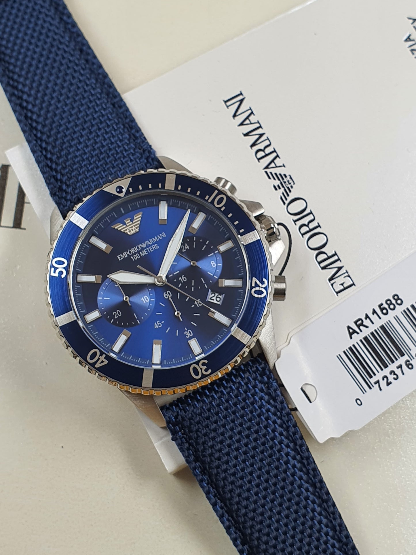 AR11588 Emporio Armani watch 43mm blue dial with chronograph and fabric strap