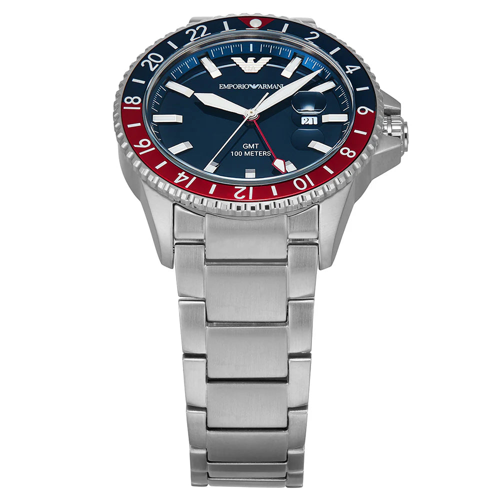 Emporio Armani AR11590 PEPSI dial with blue red black and date with silver chain 42mm