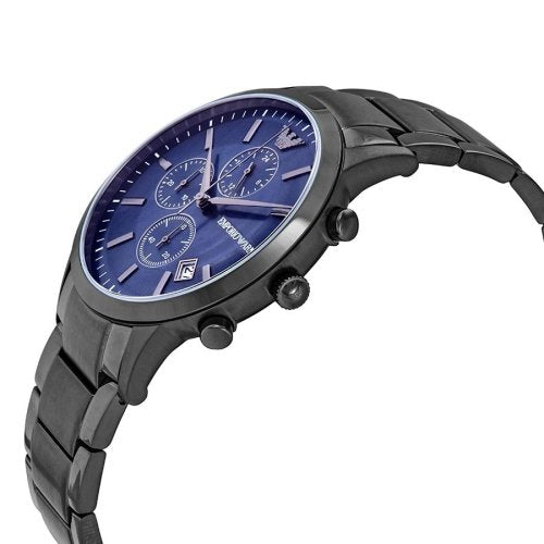 AR 11215 Emporio Armani chronograph watch with blue date dial  and grey stainless steel chain