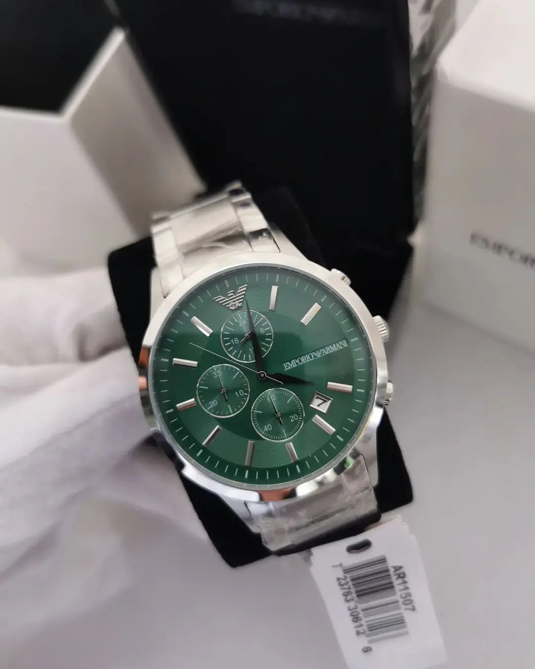 EMPORIO ARMANI Silver Stainless Steel Green Dial Quartz Watch for Gents - AR11507