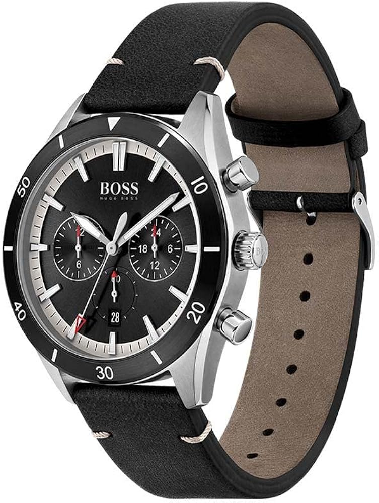 HUGO BOSS Santiago Black Leather Strap Black Dial Chronograph 44mm Quartz Watch for Gents - 1513864