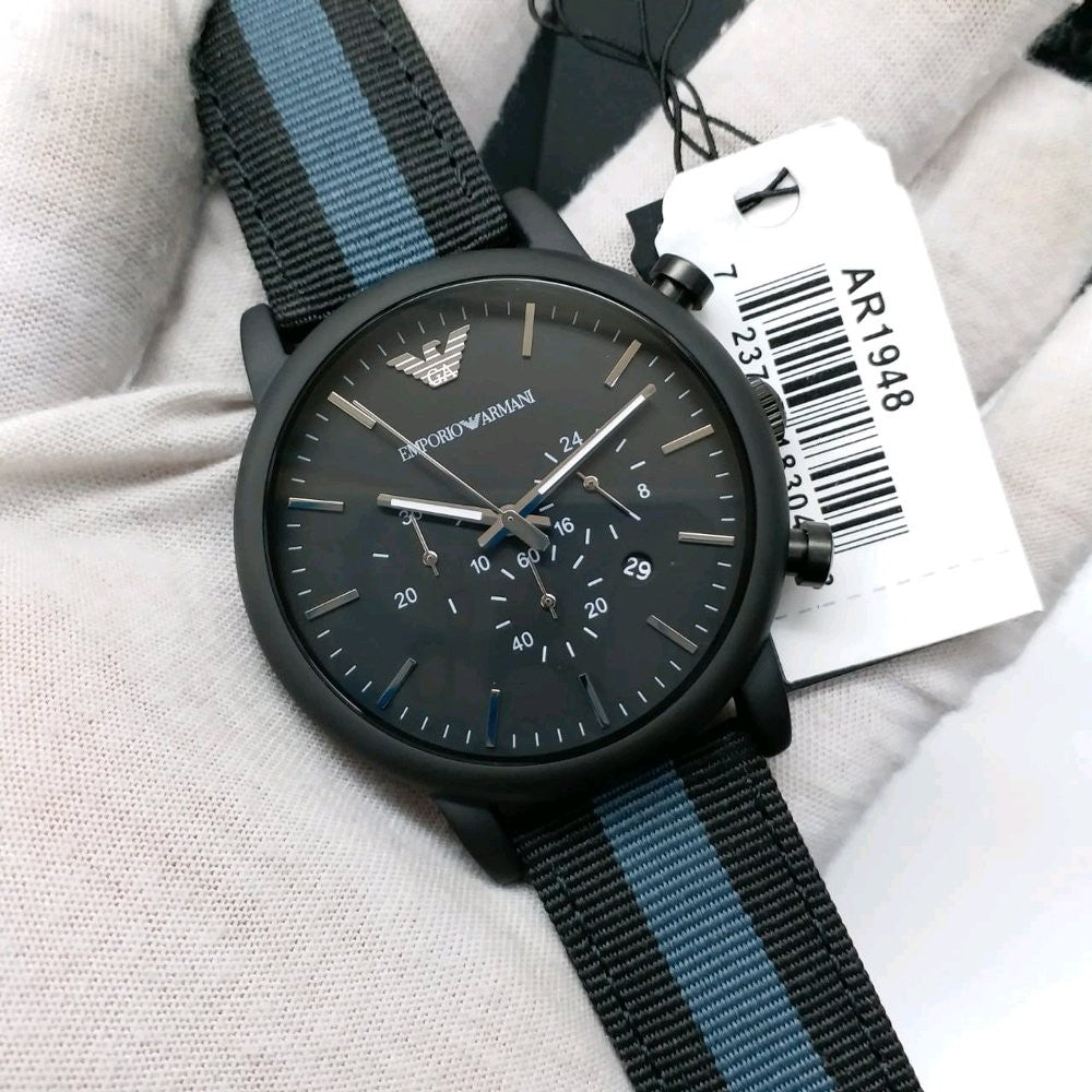 Emporio Armani AR1948 black dial chronograph watch with fabric belt 46mm