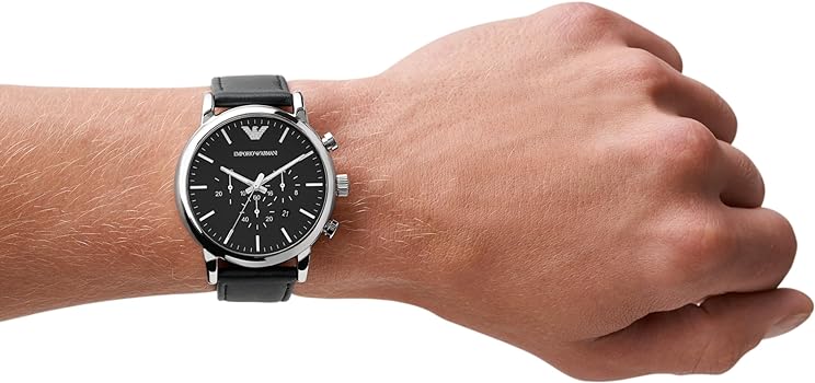 AR1828 Emporio Armani stainless steel watch with chronograph black and silver dial and black leather belt