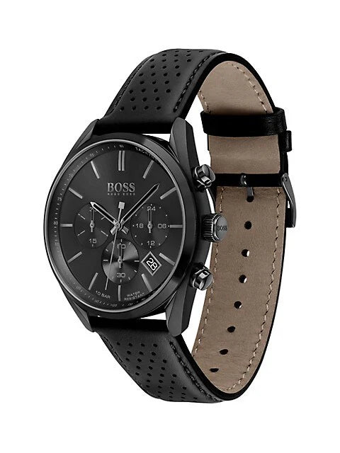 Hugo Boss Men’s Chronograph Quartz Leather Strap Black Dial 44mm Watch 1513474