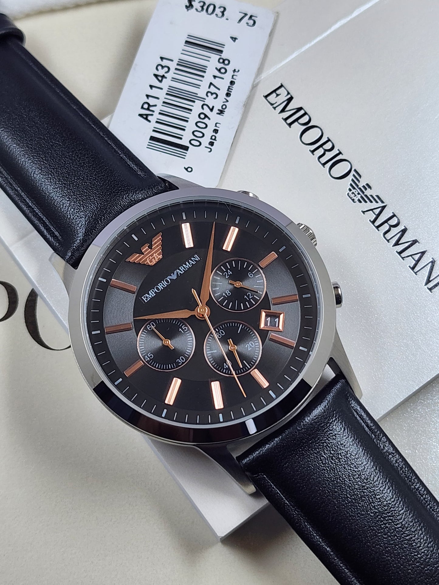 Emporio Armani AR11431 with grey black and rose gold 43mm dial with chronograph and black belt