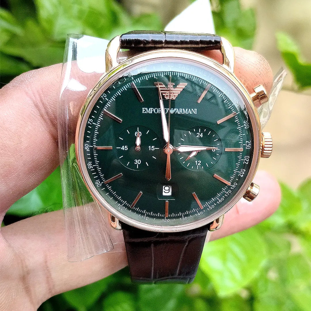 Emporio Armani AR11334 with gold and royal green dial date and chronograph brown leather belt