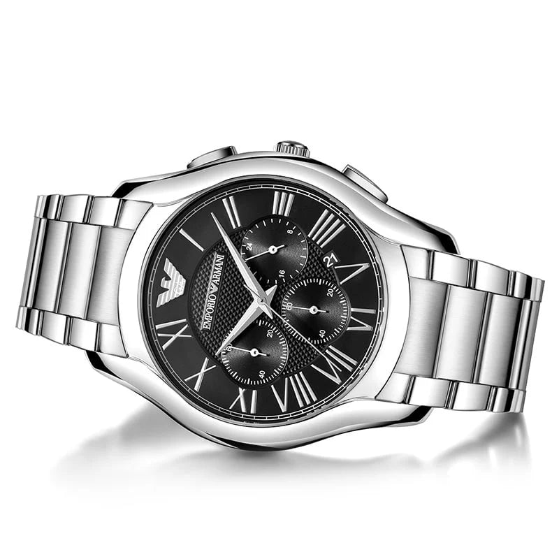 Emporio Armani chronograph watch with silver chain and black dial