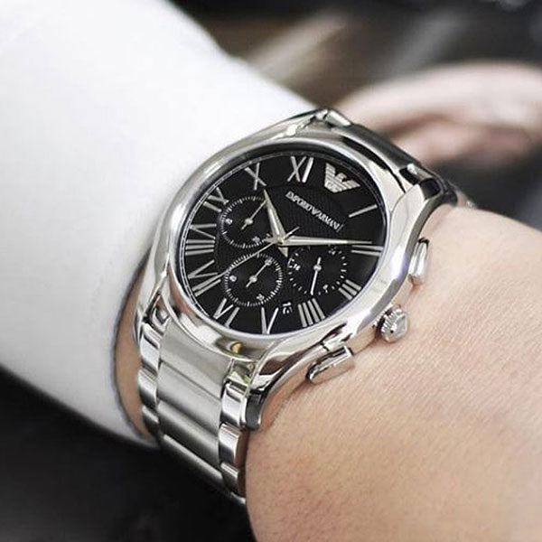 Emporio Armani chronograph watch with silver chain and black dial