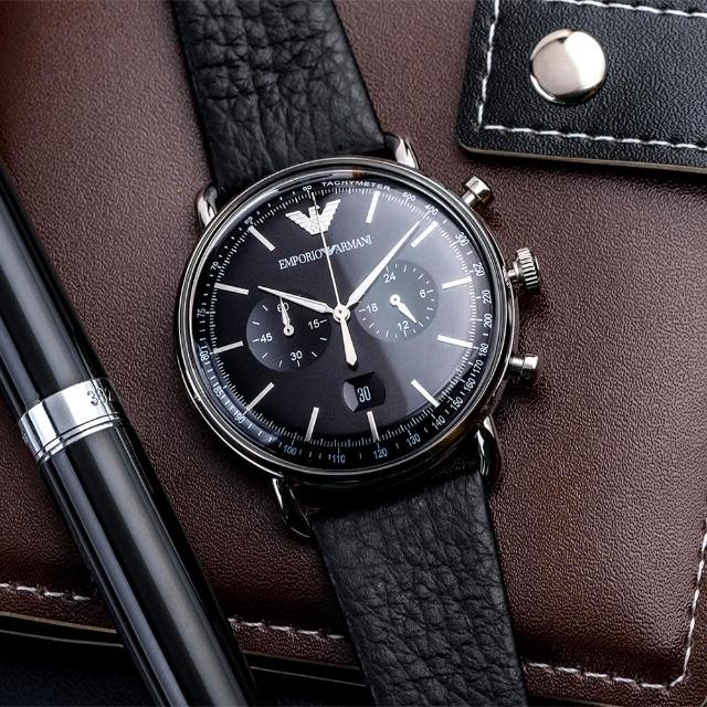 AR11143 Emporio Armani mens watch with black dial date chronograph and black leather strap