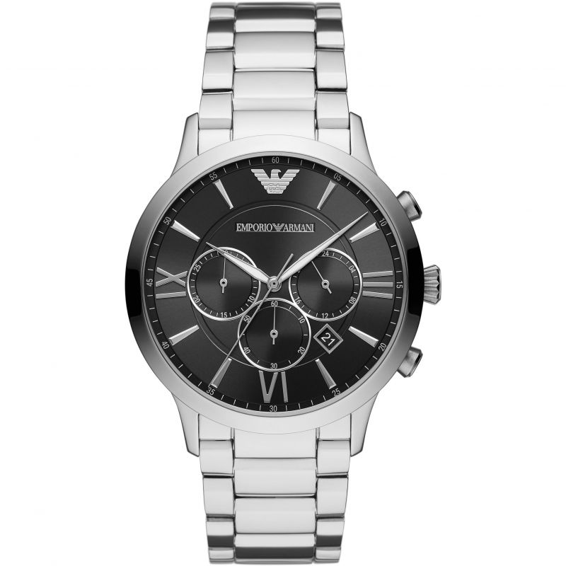 Emporio Armani AR11208 black dial chronograph watch silver chain with date 44mm