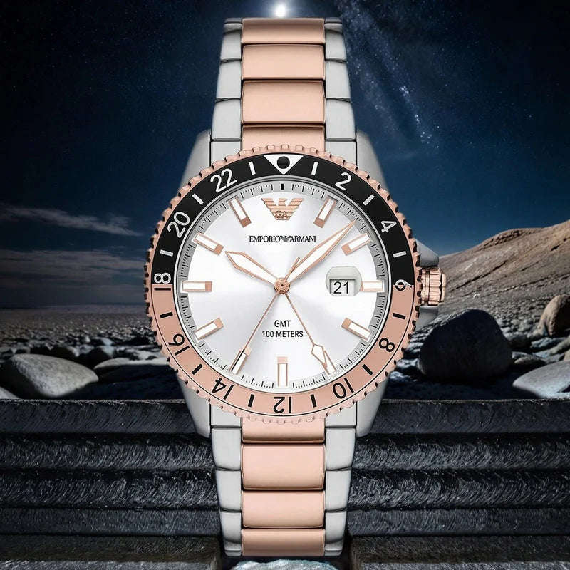 AR11591 GMT with rose gold silver and black dial with date