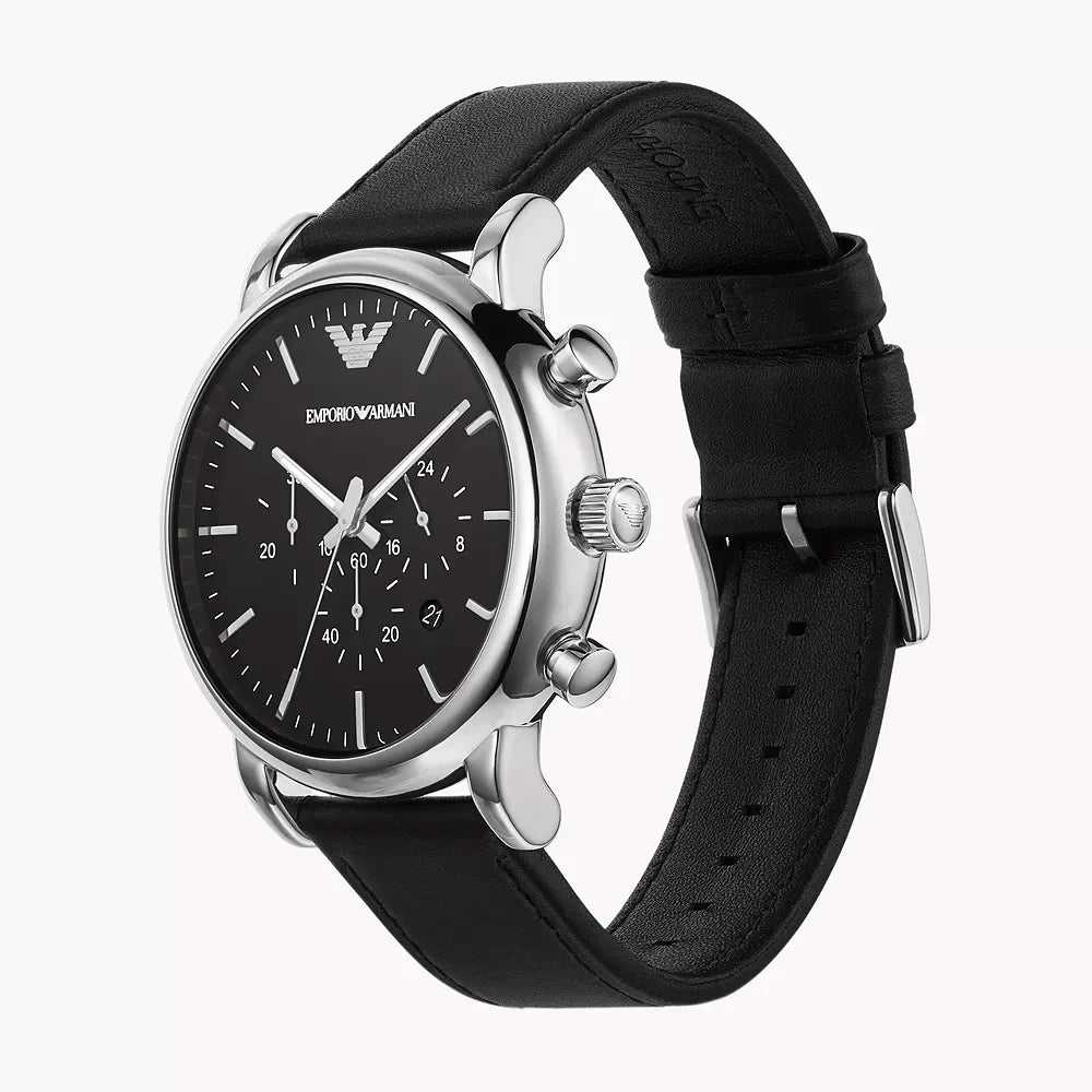 AR1828 Emporio Armani stainless steel watch with chronograph black and silver dial and black leather belt