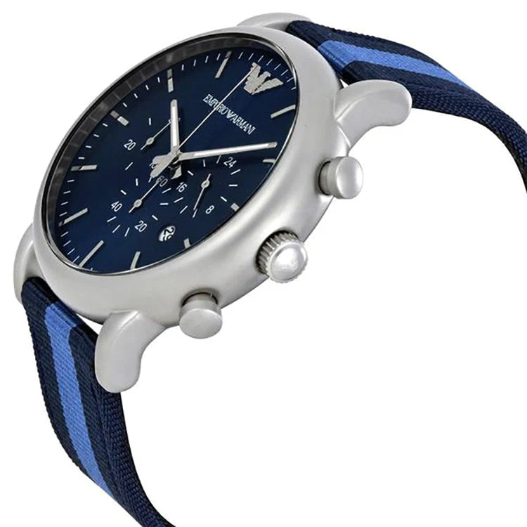 AR1949 Emporio Armani blue dial watch with chronograph and fabric strap 46mm