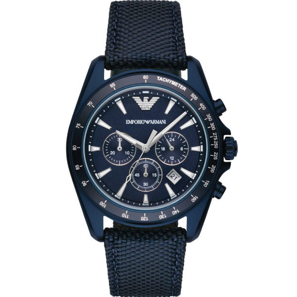 Emporio Armani AR6132 chronograph watch with blue dial and blue fabric belt