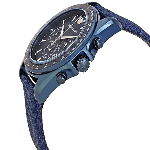 Emporio Armani AR6132 chronograph watch with blue dial and blue fabric belt