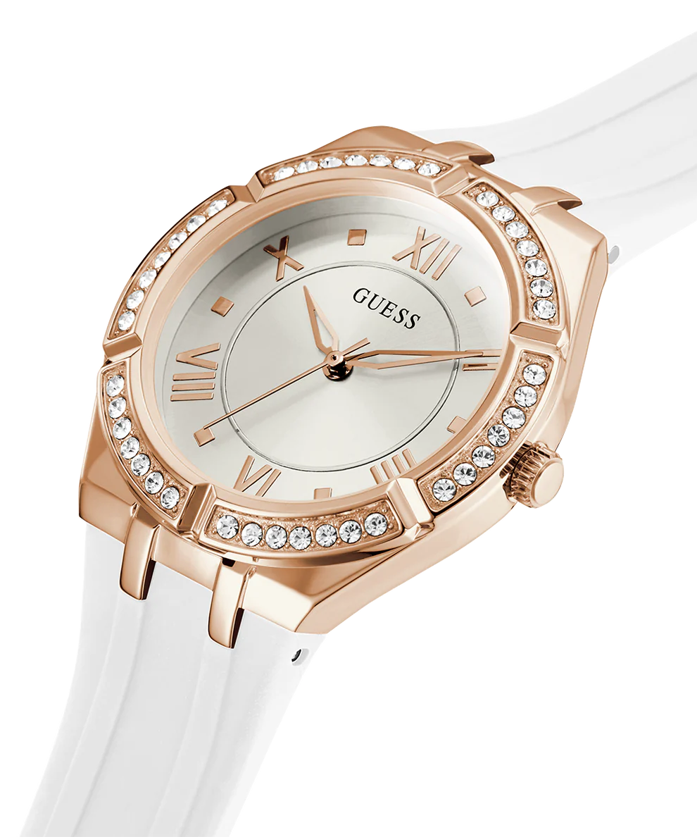 GUESS Ladies White Rose Gold Tone Analog Watch GW0034L2