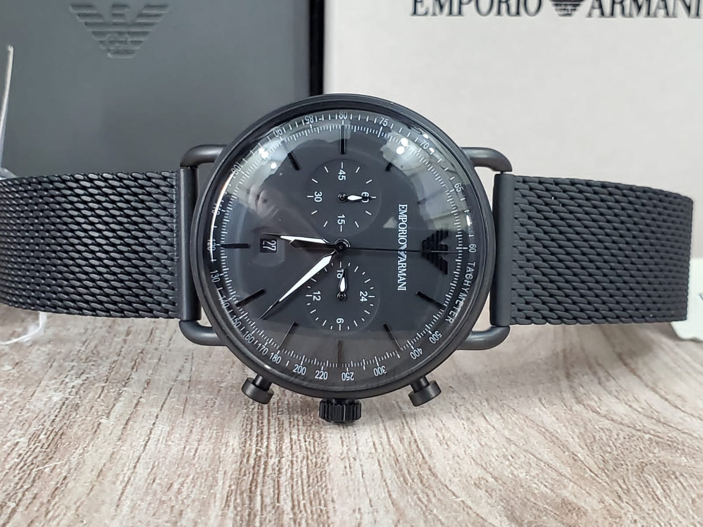 AR11264 EMPORIO ARMANI 43mm Aviator Black Mesh Bracelet Black Dial Chronograph Quartz Watch for Gents