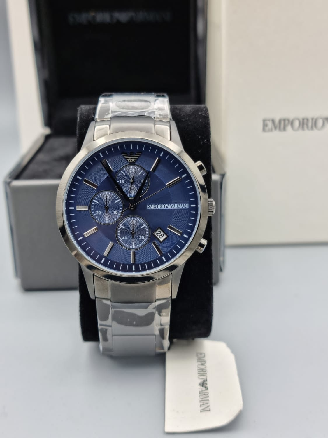 AR 11215 Emporio Armani chronograph watch with blue date dial  and grey stainless steel chain