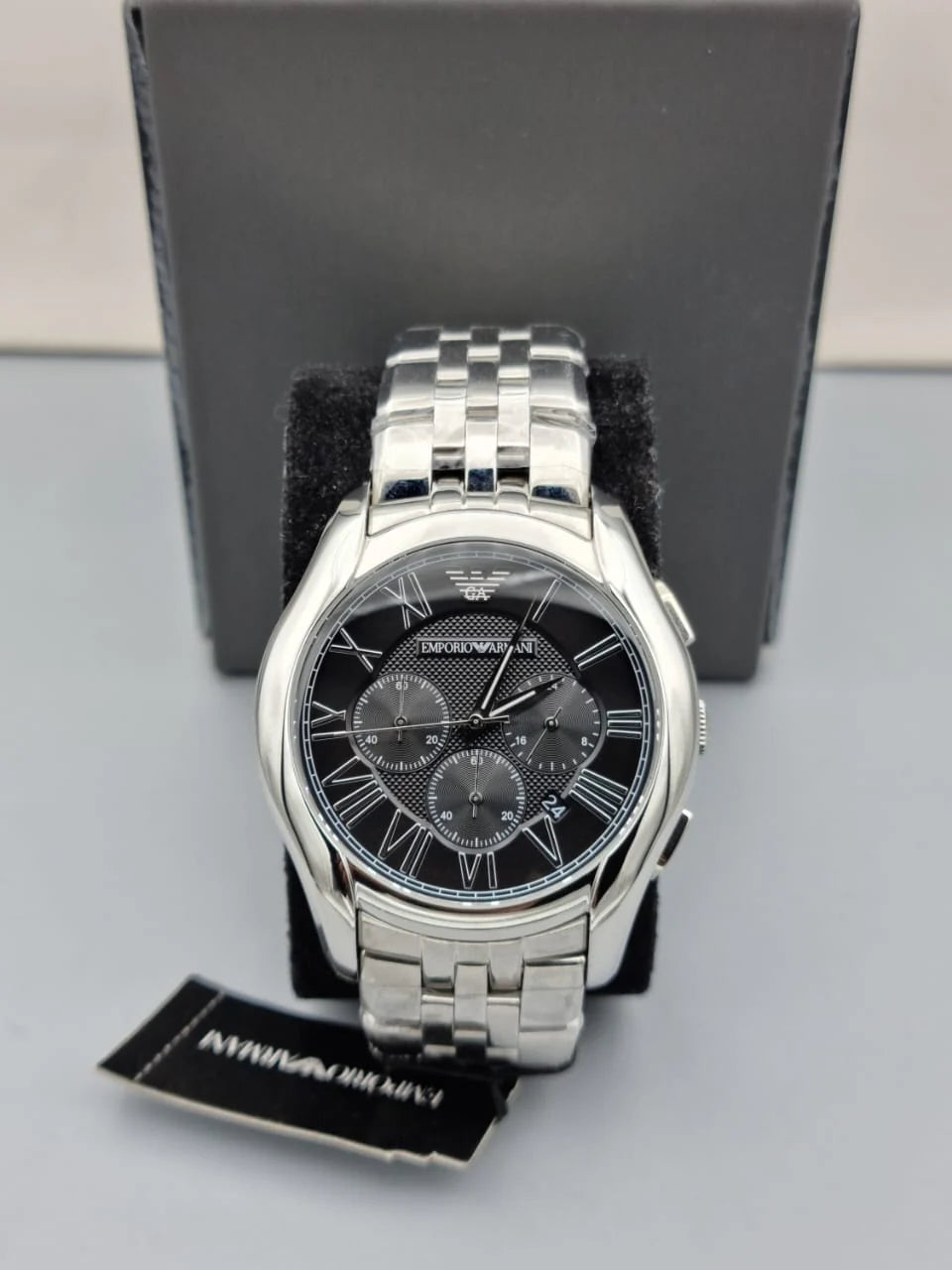 Emporio Armani AR1786 black chronograph dial watch with date and silver chain 44mm