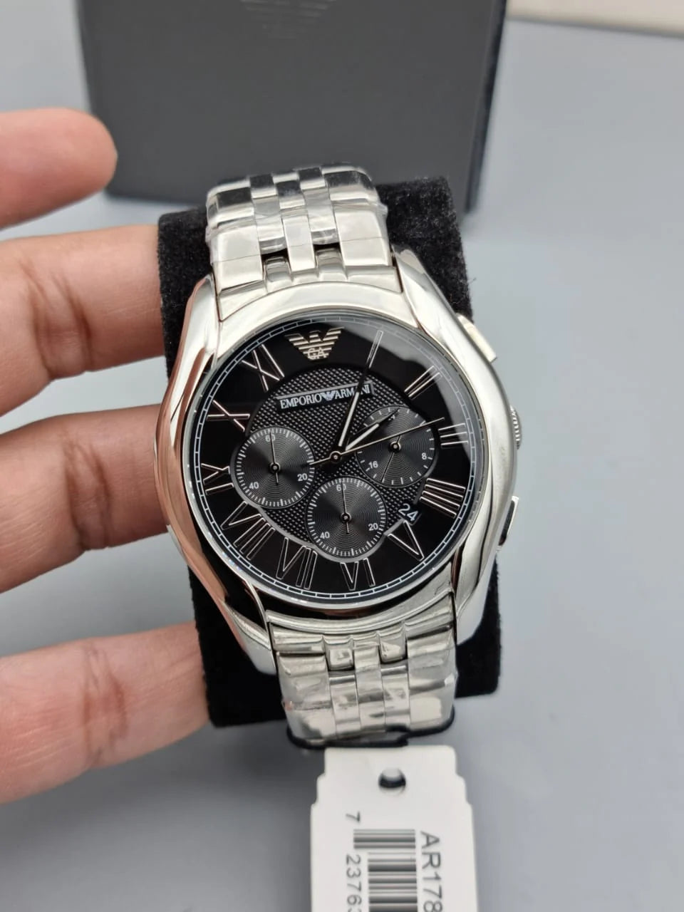 Emporio Armani AR1786 black chronograph dial watch with date and silver chain 44mm