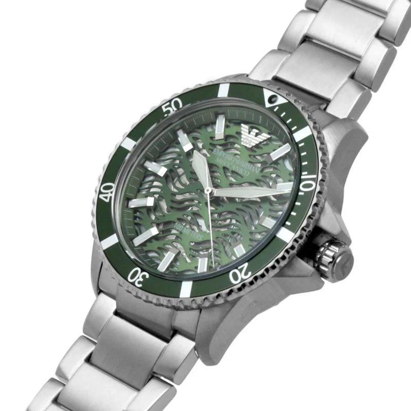 AR 60061 mechanical automatic watch with green dial and silver chain 43 mm