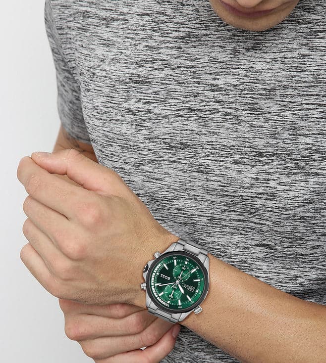 Hugo Boss Men’s Quartz Silver Stainless Steel Green Dial 46mm Watch 1513930