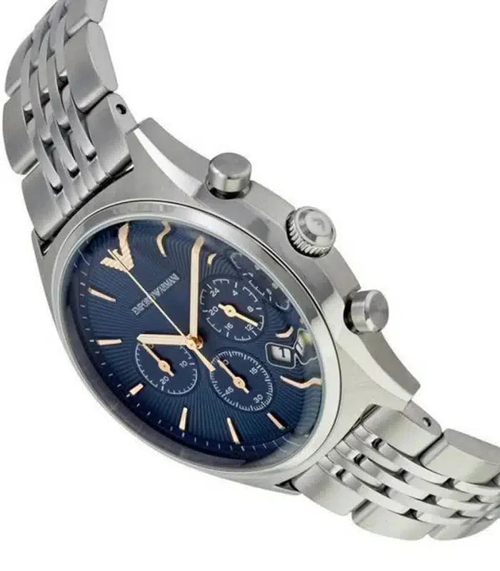 AR1974 Emporio Armani chronograph watch with blue dial and silver chain 43mm