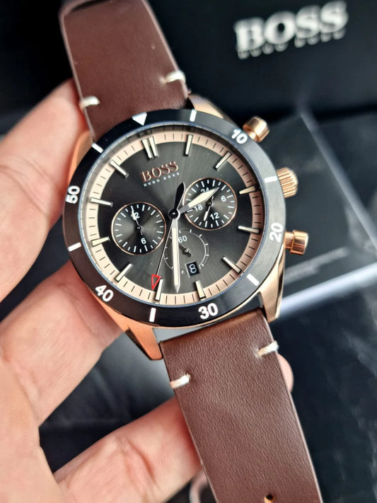 Hugo Boss Men’s Chronograph Quartz Brown Leather Strap Grey Dial 44mm Watch 1513861