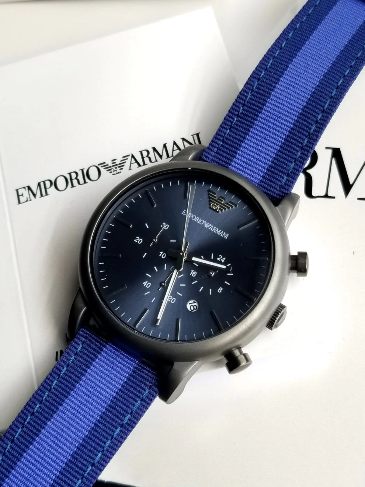 AR1949 Emporio Armani blue dial watch with chronograph and fabric strap 46mm