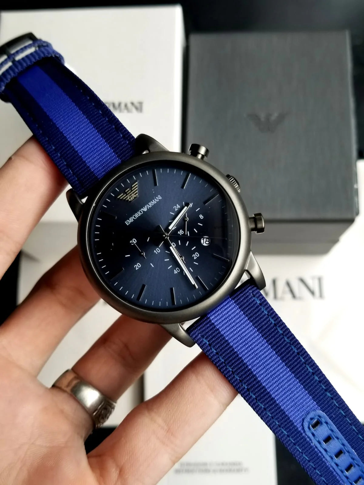 AR1949 Emporio Armani blue dial watch with chronograph and fabric strap 46mm