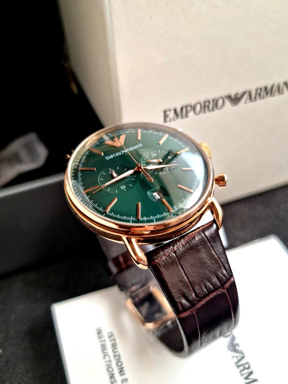 Emporio Armani AR11334 with gold and royal green dial date and chronograph brown leather belt