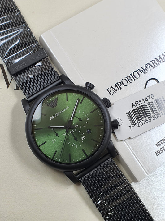 Emporio Armani AR11470 chronograph green dial black chain