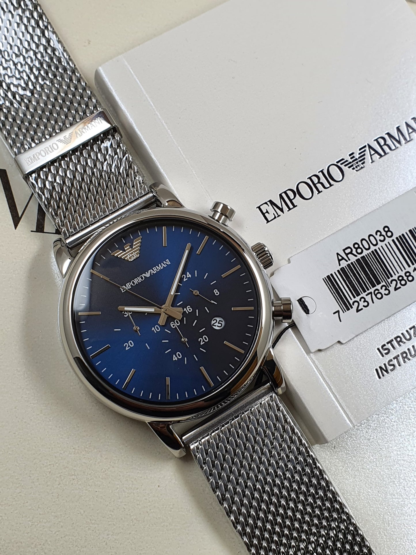 Emporio Armani 80038 chronograph blue dial and silver chain 43 mm date