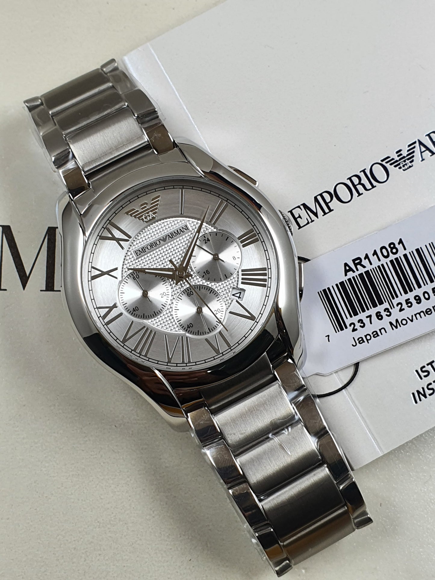 Emporio Armani AR11081 chronograph watch with silver dial and silver color chain