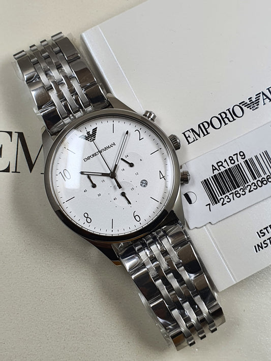 Emporio Armani AR 1879 chronograph watch with white date dial and silver chain