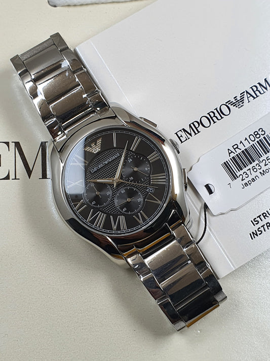 Emporio Armani chronograph watch with silver chain and black dial