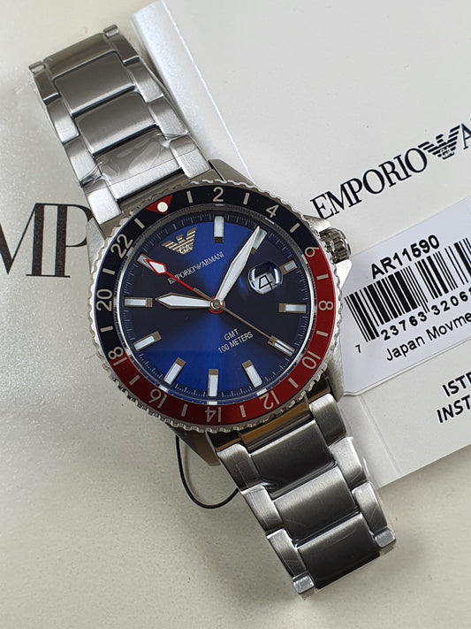 Emporio Armani AR11590 PEPSI dial with blue red black and date with silver chain 42mm